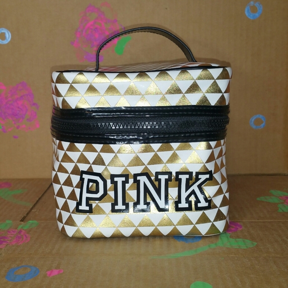 PINK Victoria's Secret Handbags - VS PINK Gold and White Cosmetic Bag